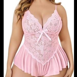 Plus-Size Pink Lace Babydoll Chemise with Floral Lace Bodice XXL